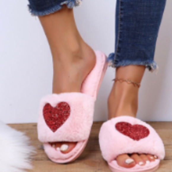 Pink Valentine’s fuzzy slippers. - Picture 9 of 10